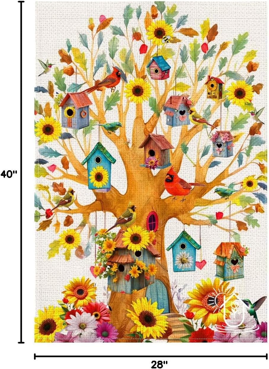 Welcome spring summer sunflower outdoor house flag, bird double sided Burlap fall flag 28x40 Inch, seasonal farmhouse vacation outdoor decoration