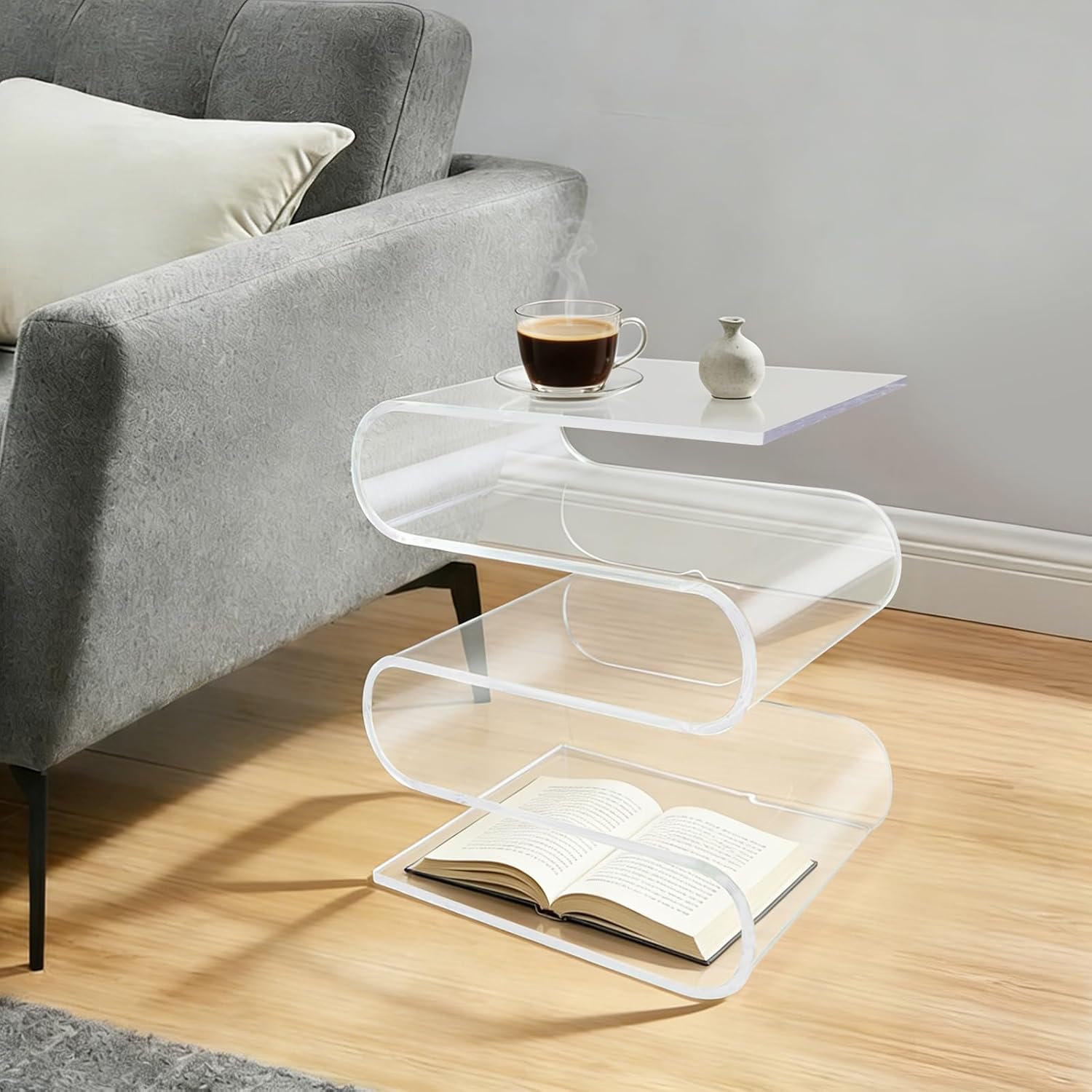 Clear Acrylic Side Table, S-Shaped Minimalist End Table Integrated Accent Tables for Living Room Bedroom No Assembly 14.1" L x 11.8" W x 16.7" H (Clear)