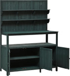 66'' Outdoor Wood Potting Bench Table, Farmhouse Garden Workstation with 2 Shelves, 2 Cabinets & 3 Side Hooks for Backyard, Mudroom, Green