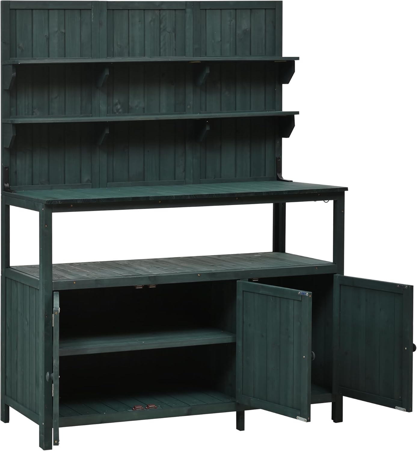 66'' Outdoor Wood Potting Bench Table, Farmhouse Garden Workstation with 2 Shelves, 2 Cabinets & 3 Side Hooks for Backyard, Mudroom, Green