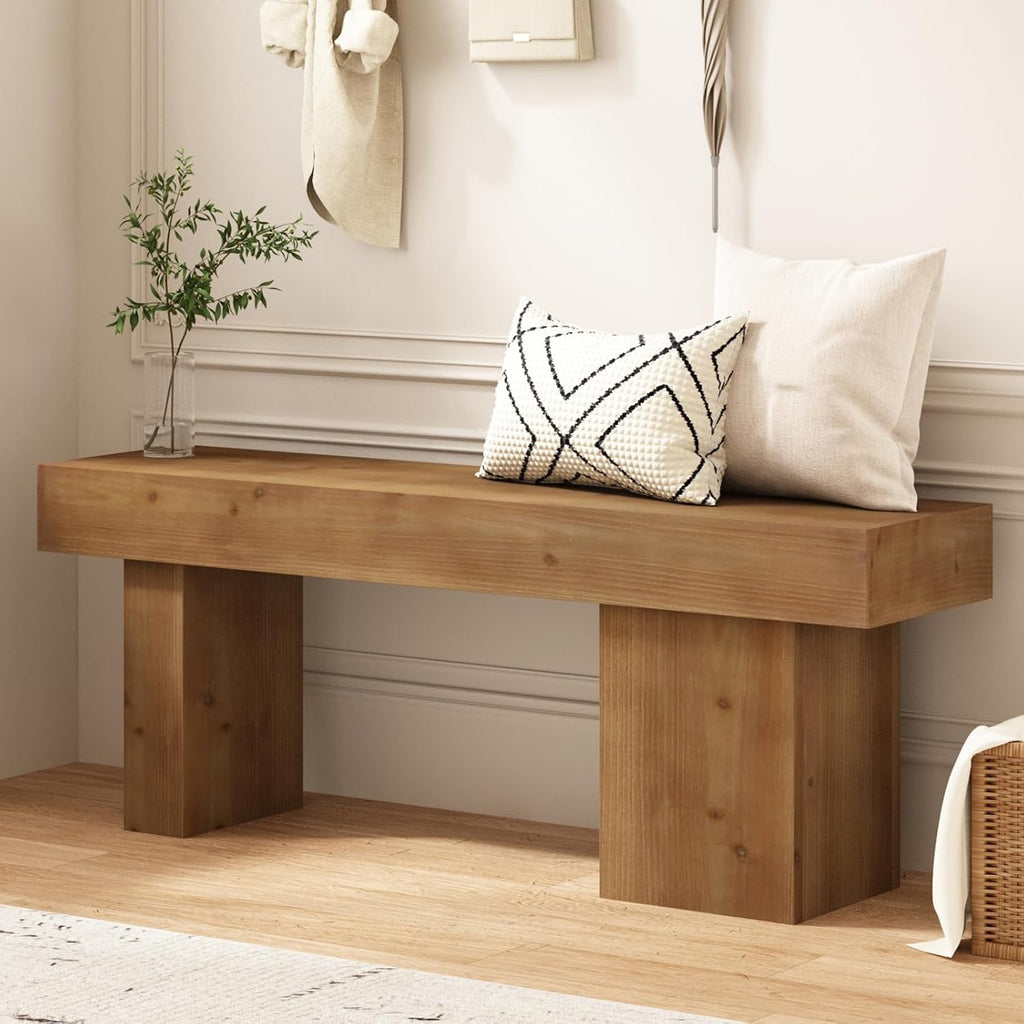 Farmhouse Solid Wood Entryway Bench, 47.3" Rustic End of Bed Bench for Bedroom, Handcrafted Accent Seating for Dining, Kitchen, Hallway, Living Room - 15 Min Assembly