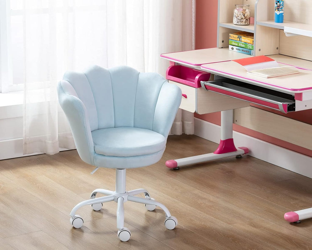 CIMOTA Cute Kids Desk Chair,Velvet Bedroom Chair Adjustable Child Computer Chair Swivel Shell Vanity Chairs for Girls Bedroom/Study Room, Light Blue