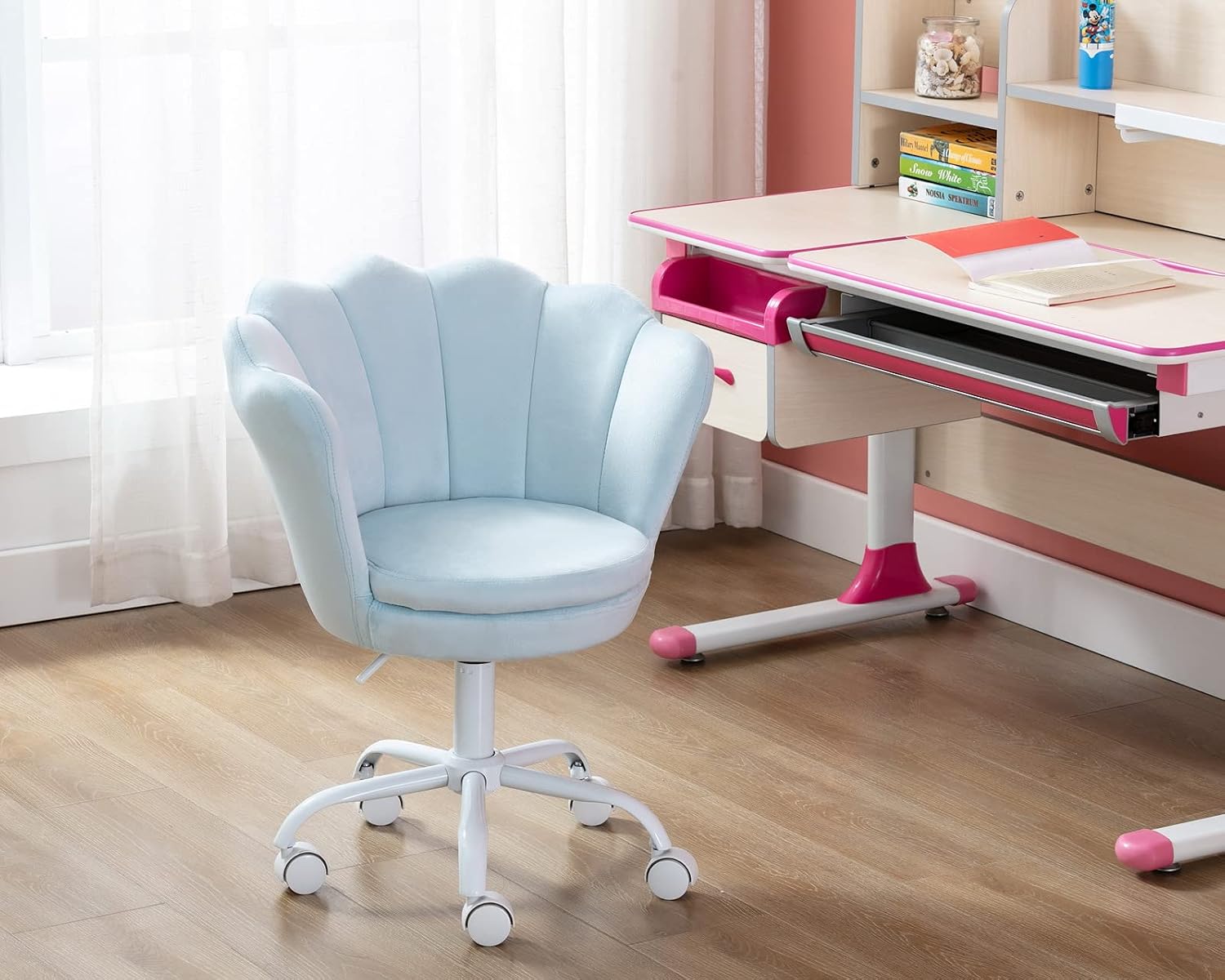 CIMOTA Cute Kids Desk Chair,Velvet Bedroom Chair Adjustable Child Computer Chair Swivel Shell Vanity Chairs for Girls Bedroom/Study Room, Light Blue