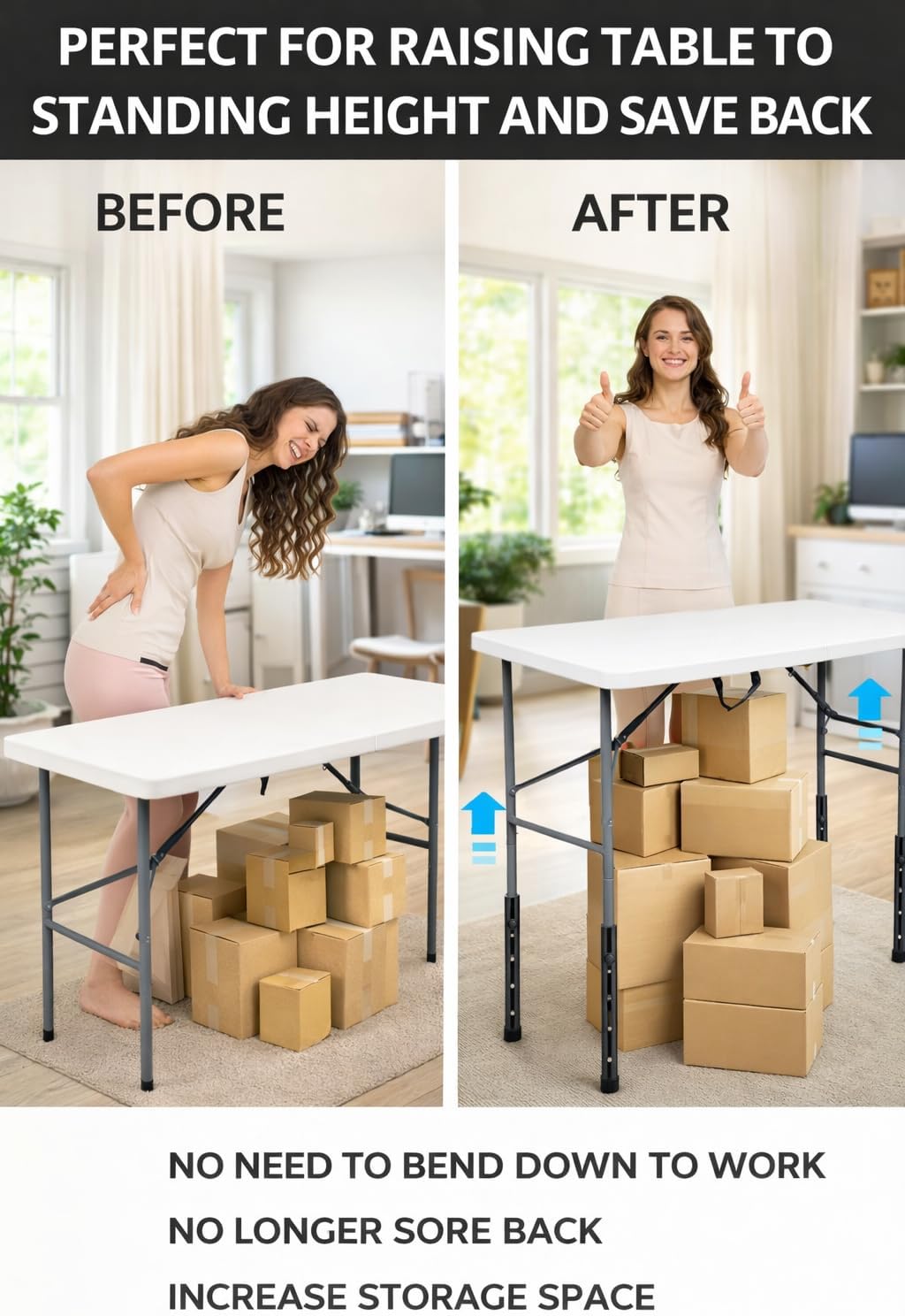 Folding Table Risers for Straight/Bent Leg, Durable Table Leg Extensions 2 Levels/Heights Table Leg Extenders 3.6in | 5.2in - All for Treating Your Back Pain (4-Pack)