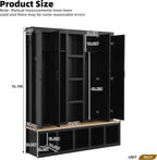 Modern 63'' Wide Hall Tree with 6 Hidden Hanging Hooks, Brown Wood Grain Minimalist Shoe Cabinet with Open Compartments, Entryway Coat Rack for Living Room Hallway (Black-4.23)