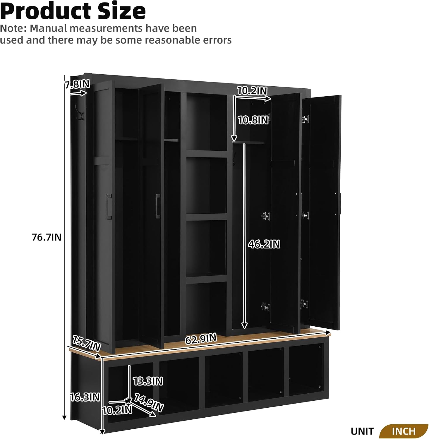 Modern 63'' Wide Hall Tree with 6 Hidden Hanging Hooks, Brown Wood Grain Minimalist Shoe Cabinet with Open Compartments, Entryway Coat Rack for Living Room Hallway (Black-4.23)