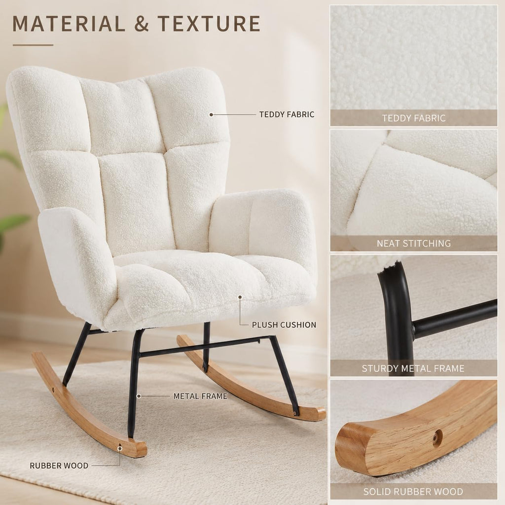 Nursery Rocking Chair, Ergonomic High Back Armrests, Metal Frame Capacity Easy Assembly, Accent Chair with High Backrest Reading Chair for Adult, Nursery, Bedroom, Living Room,Offices