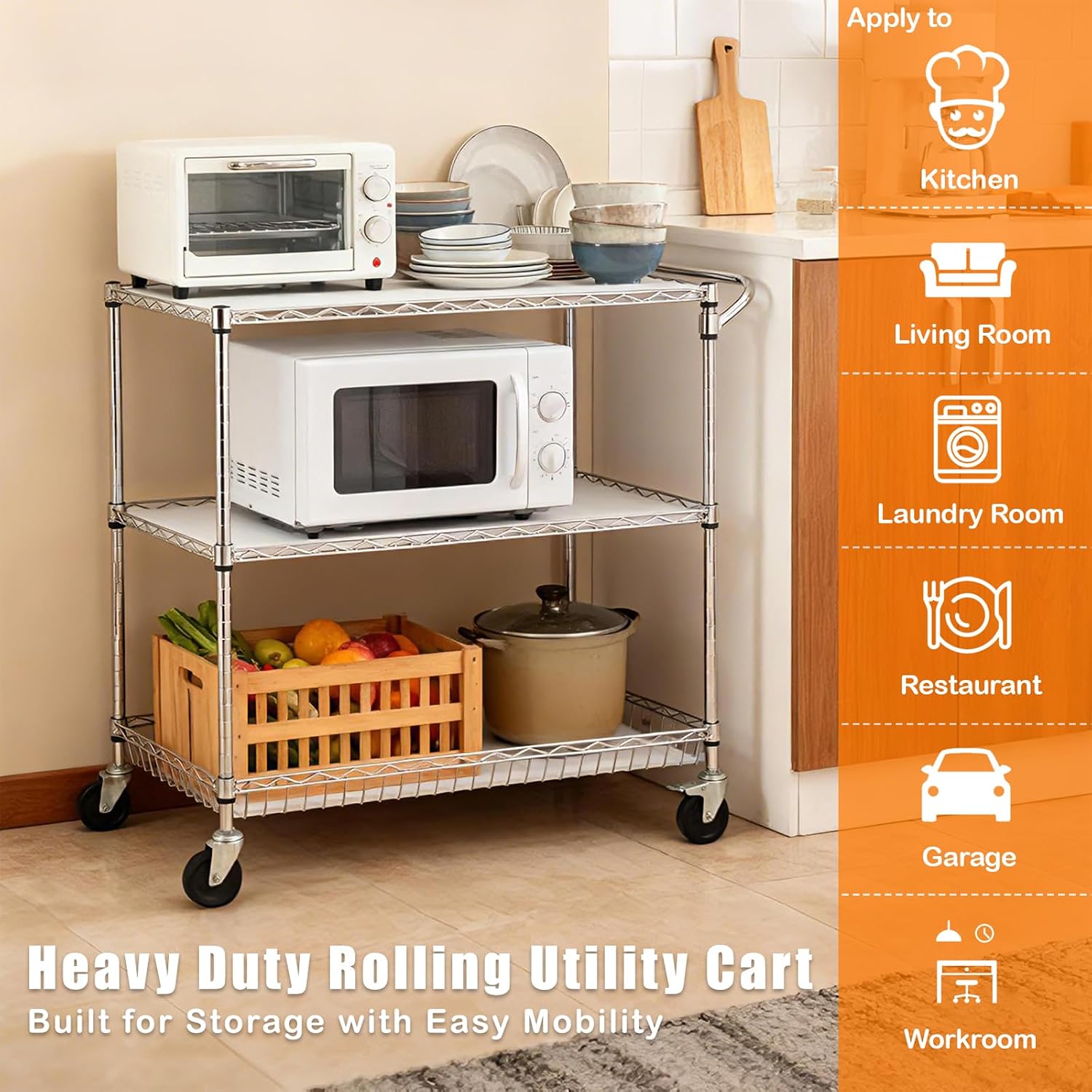 3-Tier Rolling Cart, Utility Metal Wire Cart, 30" D x 18" W x 35" H | 4'' Locking Wheels, Adjustable Shelves, 661 LBS Capacity, Complying with NSF, Heavy Duty, For Home Kitchen Garage Office