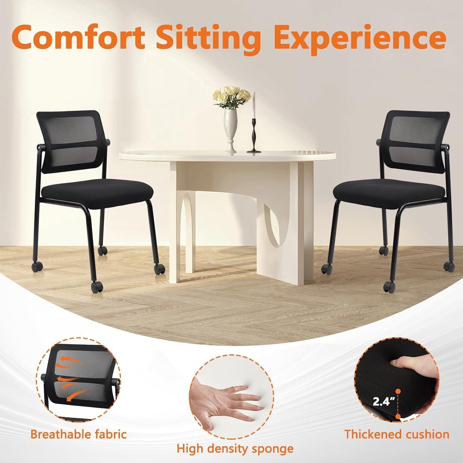 CLATINA 12PK Mesh Stacking Office Desk Chairs with Wheels, Portable Stackable Bulk Waiting Room Armless Chair with Adjustable Back & Fabric Seat for Guest Lobby Side School Church Conference Break