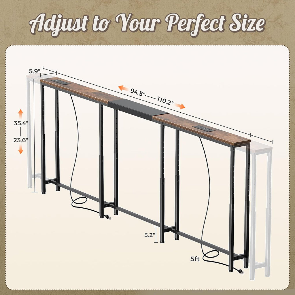 Huuger Narrow Console Table with Power Outlets & USB-C, 23.6"-35.4" Adjustable Height Sofa Table Behind Couch, Extendable 94.5"-110.2" Long Console Table, Wall-Protected Pads, Rustic Brown