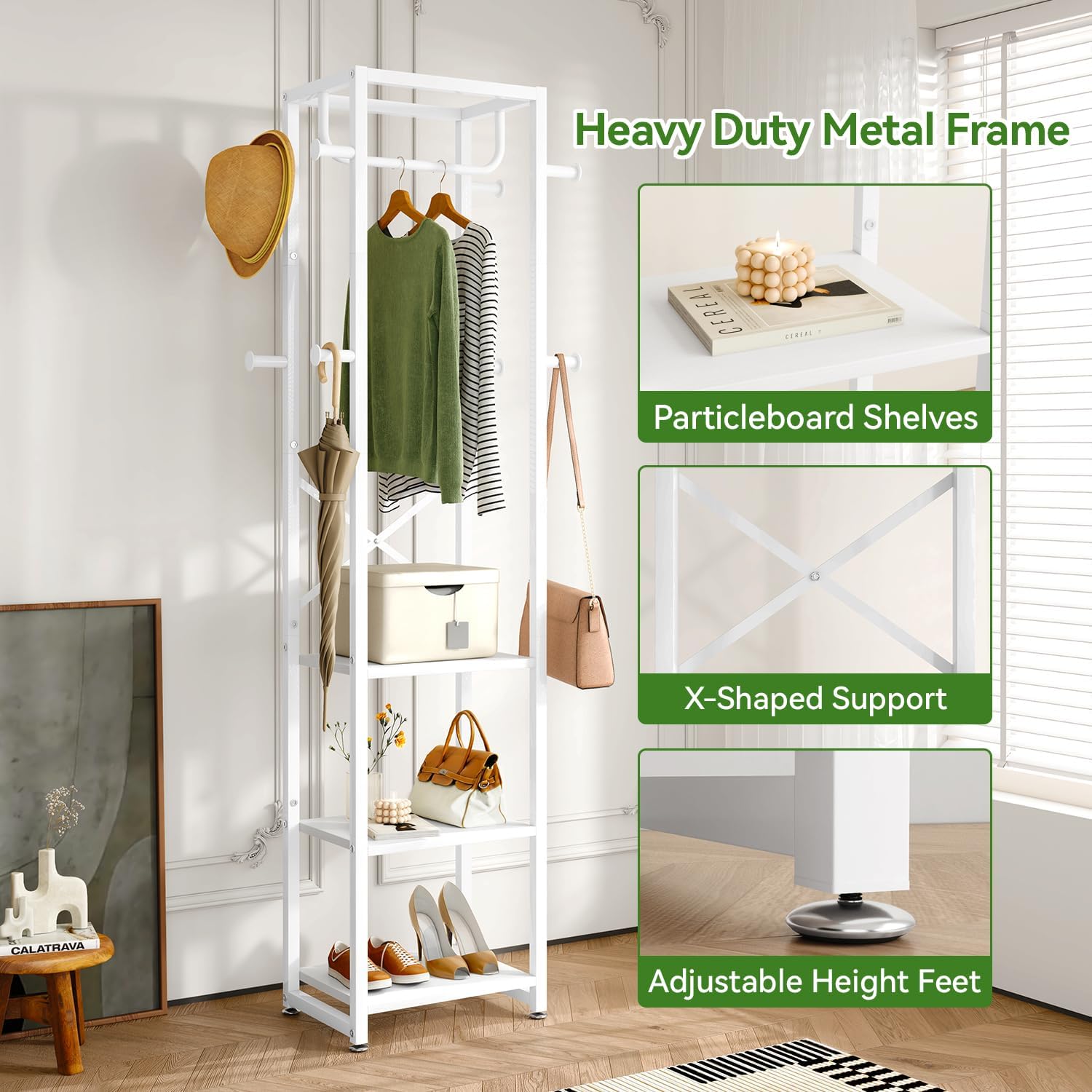 IBUYKE Coat Rack with Shelves, Freestanding Hall Tree with 3 Shelves and 8 Hooks, Industrial Clothes Stand for Entryway, Hallway, Bedroom, White UTMJ088W