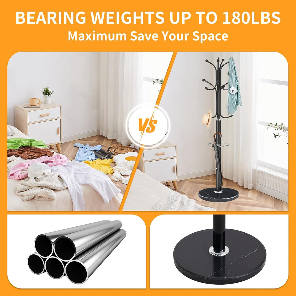 ZOZOE Metal Coat Rack Stand, Modern Coat Rack Freestanding with Natural Marble Base, Sturdy Coat Racks with 12 Hooks & Umbrella Holder,Black Coat Tree Hanger Stand for Bags,Hats,Entryway,Office