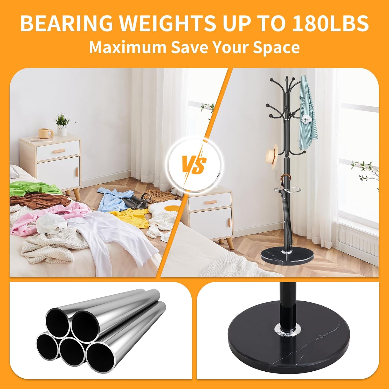 ZOZOE Metal Coat Rack Stand, Modern Coat Rack Freestanding with Natural Marble Base, Sturdy Coat Racks with 12 Hooks & Umbrella Holder,Black Coat Tree Hanger Stand for Bags,Hats,Entryway,Office