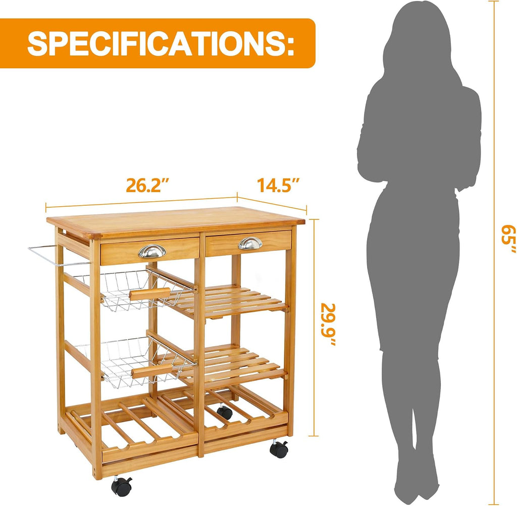 Nova Microdermabrasion Kitchen Island Cart with Storage, Rolling Side Table on Wheels with 2 Drawers, 3 Shelves, Lockable Casters for Dining Room, Bar