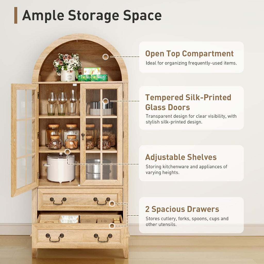 RALGEND 71'' Tall Arched Pantry Cabinet, Farmhouse Kitchen Pantry Cabinet with Glass Doors, Adjustable Shelves and 2 Large Drawers, Versatile Cupboard for Kitchen, Dining Room, Natural