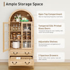RALGEND 71'' Tall Arched Pantry Cabinet, Farmhouse Kitchen Pantry Cabinet with Glass Doors, Adjustable Shelves and 2 Large Drawers, Versatile Cupboard for Kitchen, Dining Room, Natural