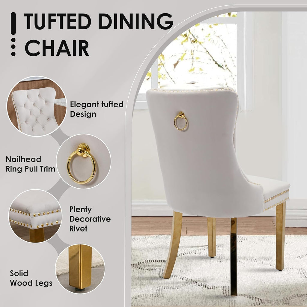 Modern Luxury Glass Dining Set for 6, 63'' Large Minimalist Rectangle Dinner Set for 6, 7 Pieces Clear Glass Top Kitchen Table Set with White & Gold Base, Beige Tufted Chairs, for Apartment