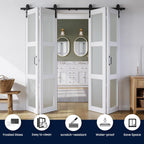 SMARTSTANDARD 64in x 84in Bifold Barn Door, Frosted Glass Barn Door with Hardware Kit Included, Pre-Drilled Holes Easy Assembly -Solid Barn Doors Slab Covered with Water-Proof PVC Surface, White