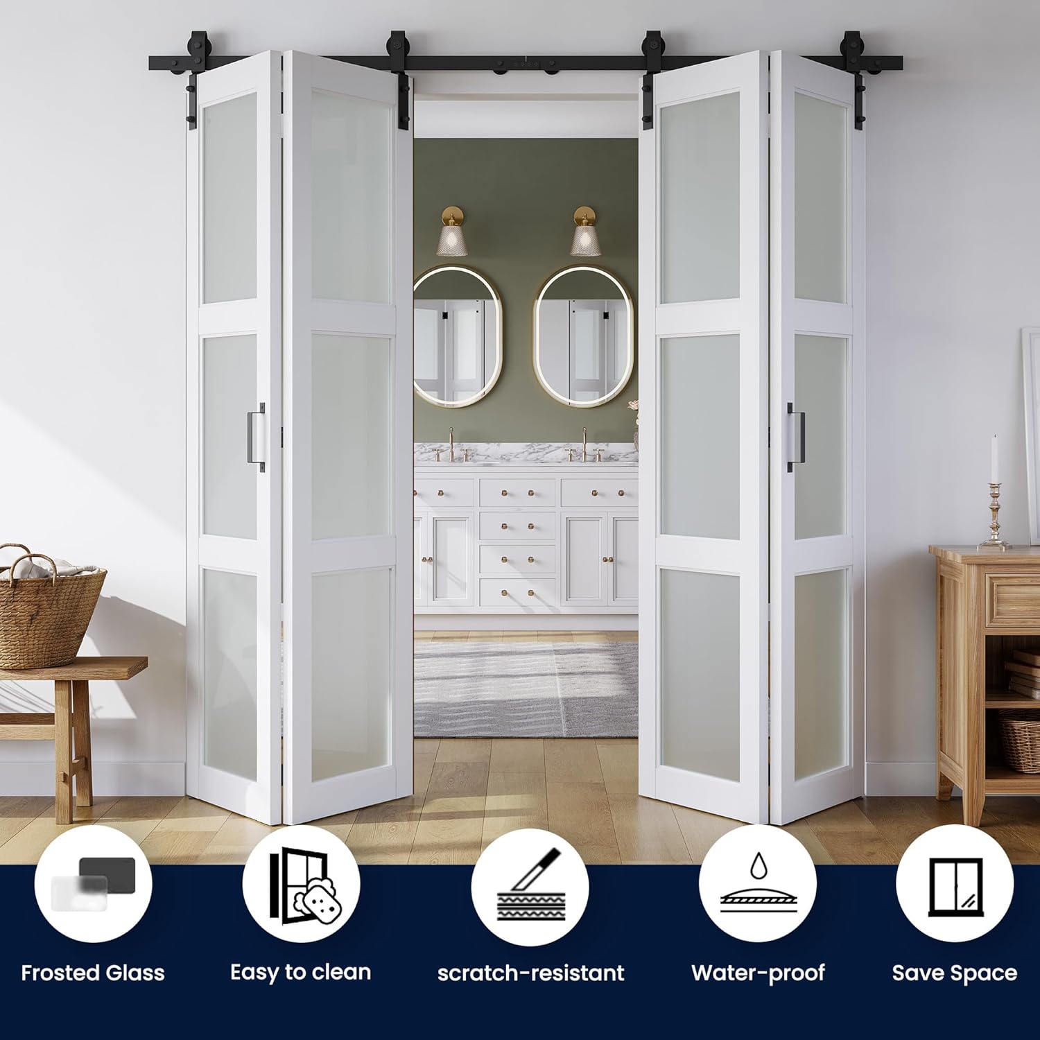 SMARTSTANDARD 64in x 84in Bifold Barn Door, Frosted Glass Barn Door with Hardware Kit Included, Pre-Drilled Holes Easy Assembly -Solid Barn Doors Slab Covered with Water-Proof PVC Surface, White