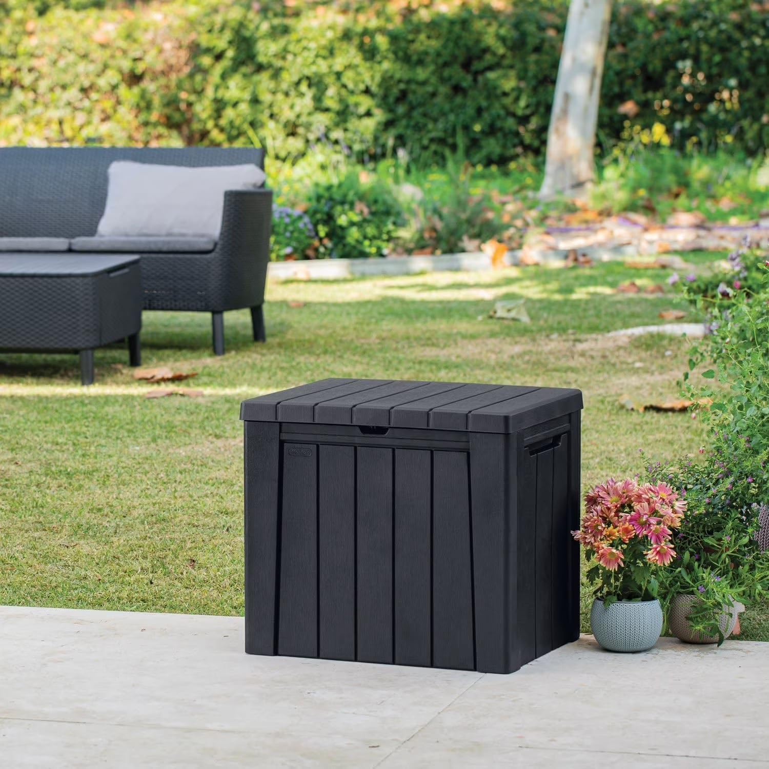 30 Gallon Outdoor Deck Box – Weather-Resistant Resin Patio Storage Table – Classic Wood-Look Cube Bench Seat for Garden Tools, BBQ Accessories & Cushions (Graphite)