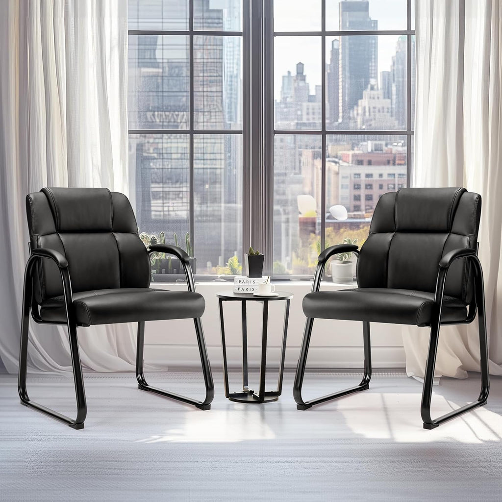 DUMOS Leather Guest Chairs Set of 2,Waiting Room Chair with Sled Base Padded Arm Rest for Meeting Conference Office Home