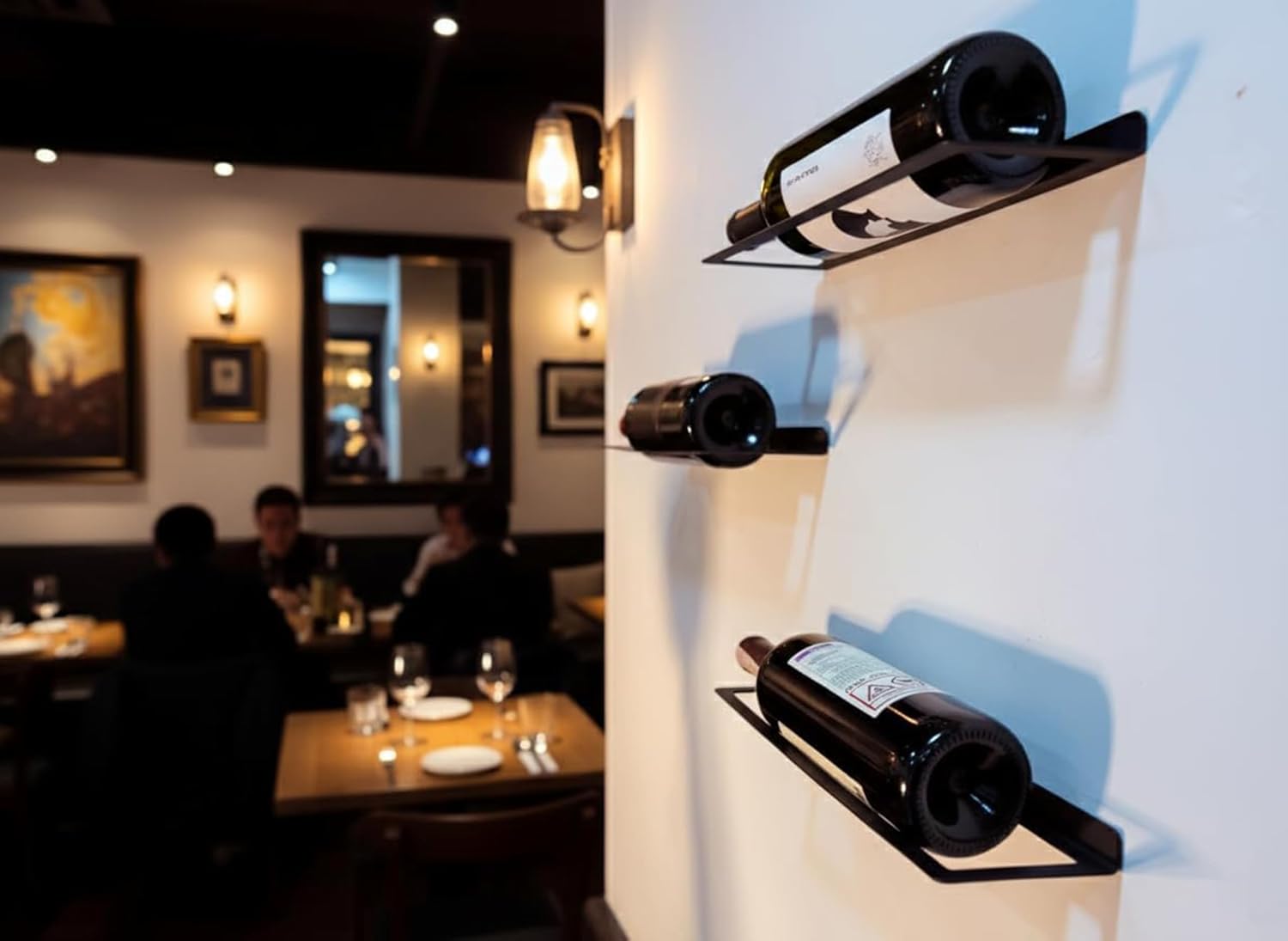 Wall Mounted Metal Wine Rack Single Bottle Holder, 13.4" x 3.3" (34 x 8.5 cm) Modern Floating Wine Display, Space-Saving Black Steel Wine Bottle Shelf for Kitchen, Bar & Dining Room