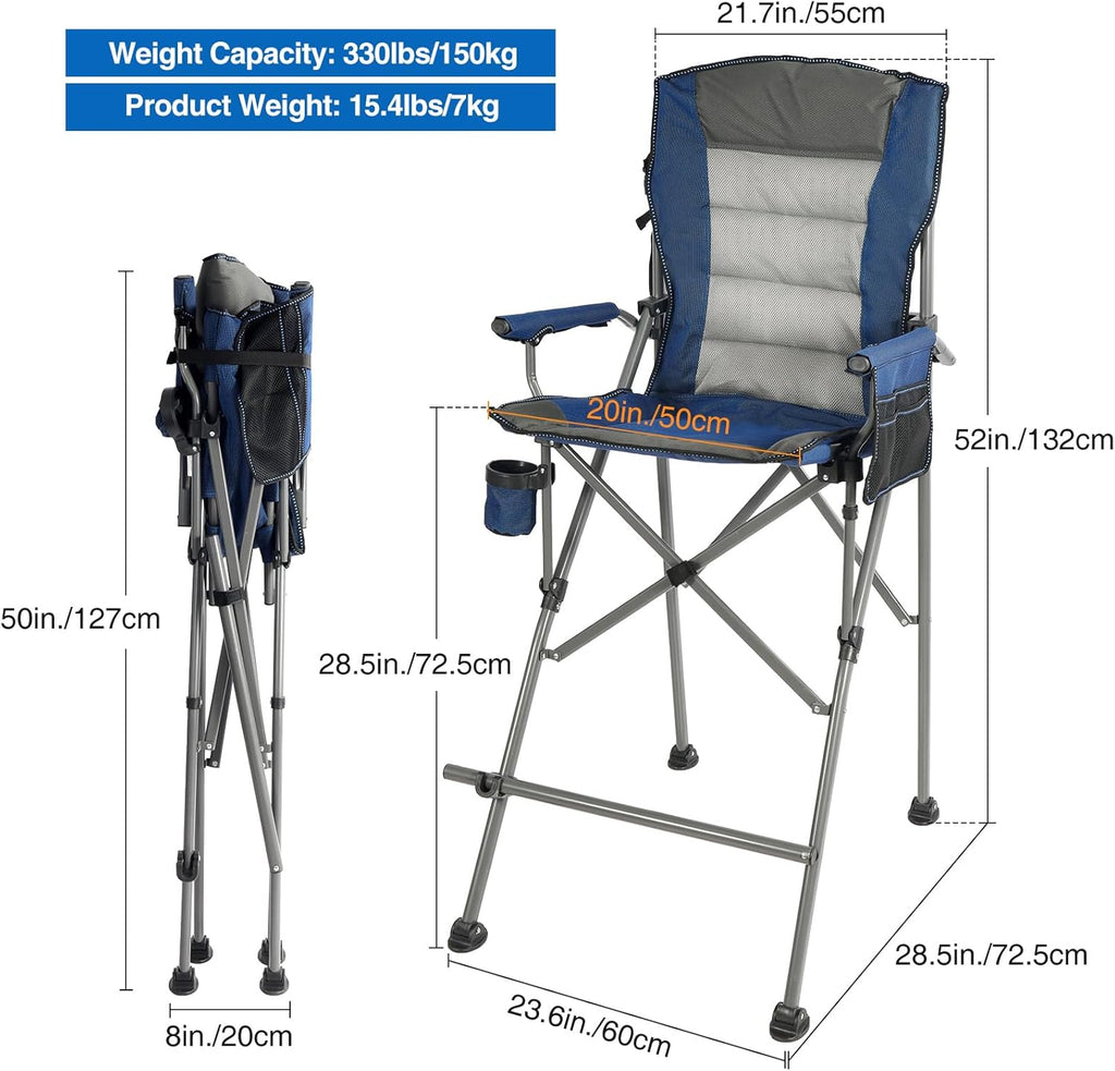 REDCAMP Oversized Tall Camping Chair for Adults, 330lbs Portable High Folding Directors Chair, Foldable Bar Height Stool with Side Pocket for Lawn Sport, Blue