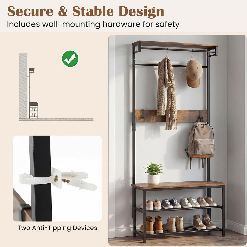 COSTWAY Hall Tree with Bench and Shoe Storage, 4-in-1 Entryway Organizer with 6 Removable Hooks, Top Shelf & Hanging Rod, Industrial Coat Rack for Mudroom Entrance Bedroom Living Room, Rustic Brown