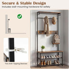 COSTWAY Hall Tree with Bench and Shoe Storage, 4-in-1 Entryway Organizer with 6 Removable Hooks, Top Shelf & Hanging Rod, Industrial Coat Rack for Mudroom Entrance Bedroom Living Room, Rustic Brown