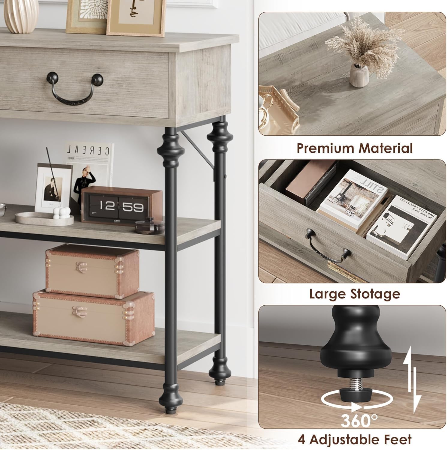 IDEALHOUSE 39'' Narrow Console Table with 2 Drawers, Farmhouse Sofa Table, Behind Couch Table with 2 Tier Storage Shelves, Entryway Table for Living Room, Hallway, Entrance, Foyer, Grey