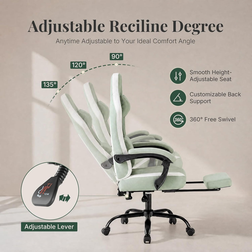 Computer Gaming Chair - High Back Ergonomic Desk Chair with Footrest and Lumbar Support, Height Adjustable Task Chair with Linkage Armrests and Headrest, 360° Swivel Wheels, Green