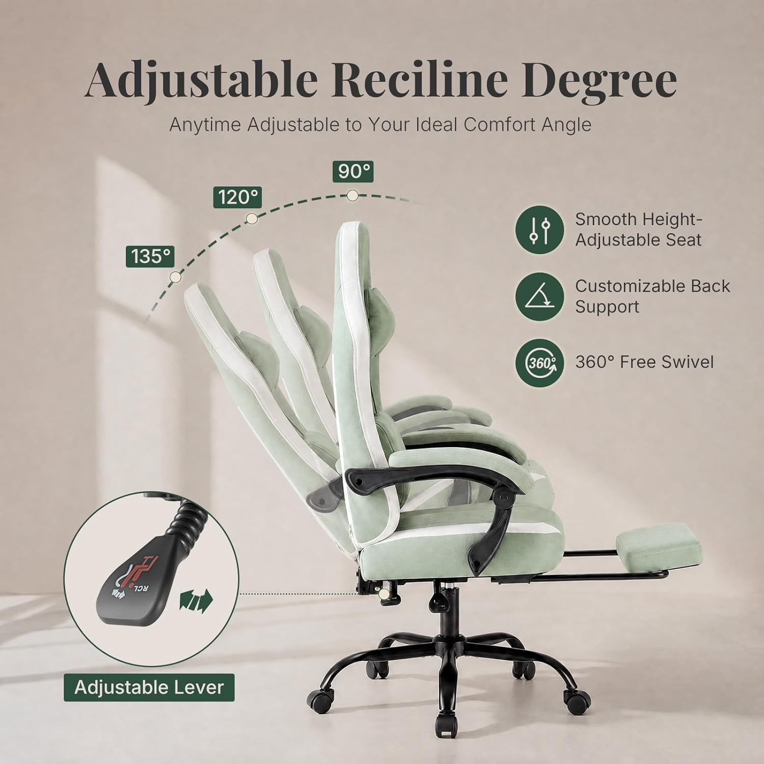Computer Gaming Chair - High Back Ergonomic Desk Chair with Footrest and Lumbar Support, Height Adjustable Task Chair with Linkage Armrests and Headrest, 360° Swivel Wheels, Green