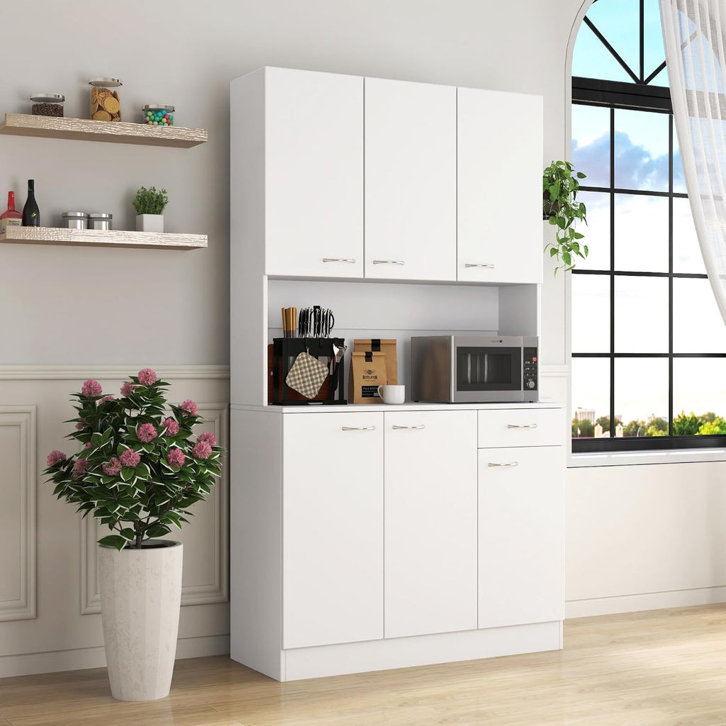 71" Kitchen Pantry Cabinet with Drawer, Farmhouse Tall Storage Cabinet with 6 Doors and Shelves, Rustic Freestanding Cupboard with Storage Rack for Kitchen, Dining Room (White)