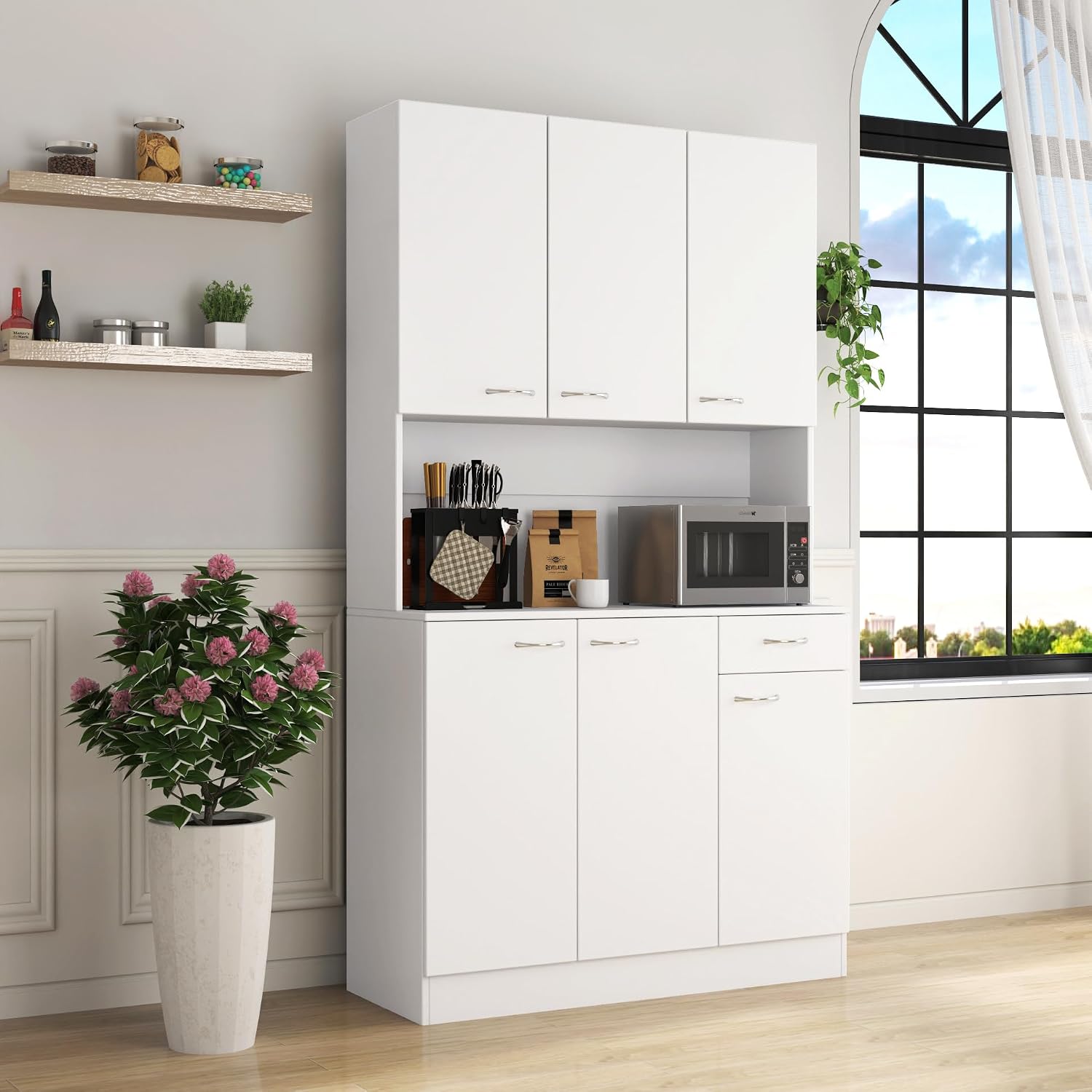 70.87" Tall 6-Door Kitchen Pantry Cabinet with Drawer & Open Shelf, Freestanding Storage Cupboard with Fixed Shelves for Kitchen, Dining Room, Laundry Room(White)