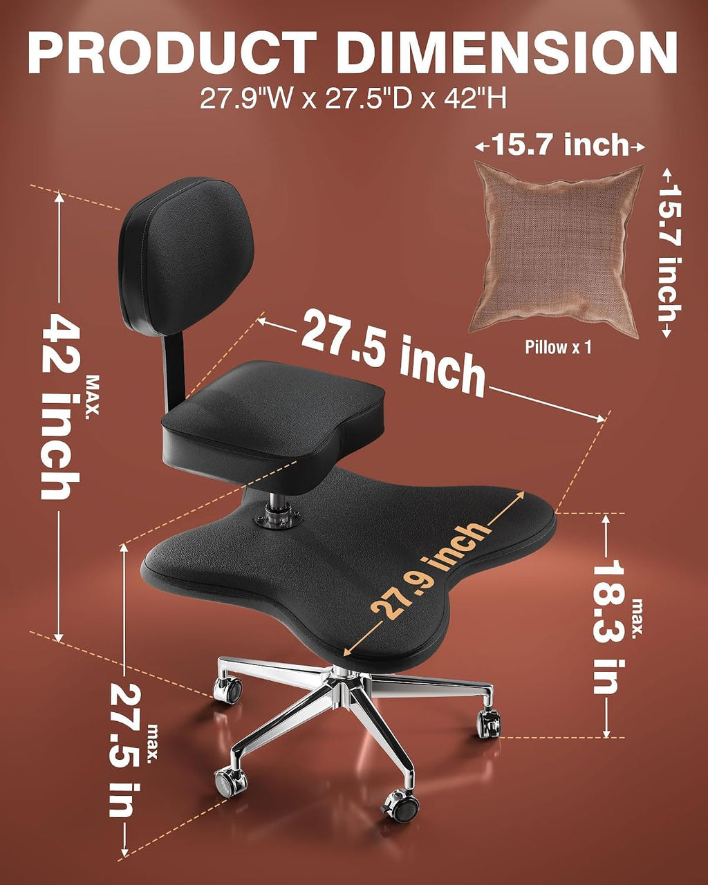 PYY ADHD Chairs for Adults - Meditation Cross Legged Office Chair with Wheels, Ergonomic Fidget Squatting Kneeling Chair with Lumbar Back Support Adjustable Height for Home Office
