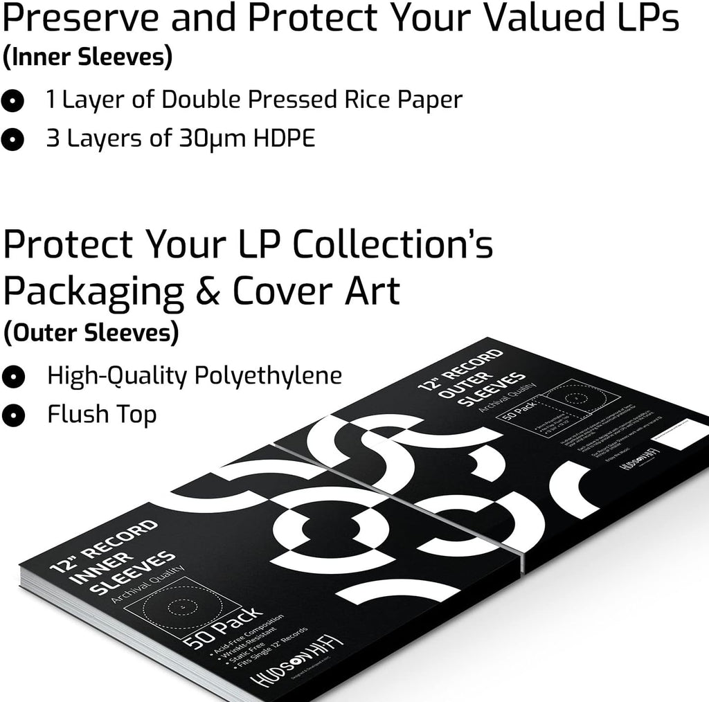 Hudson Hi-Fi 50x Inner & 50x Outer Protective Sleeves for Vinyl & Records Cover Art - Blocks Scratches, Static, Dust, Damage - Acid-Free, Smooth Slide - Fits Single Double Gatefold LP Sleeve