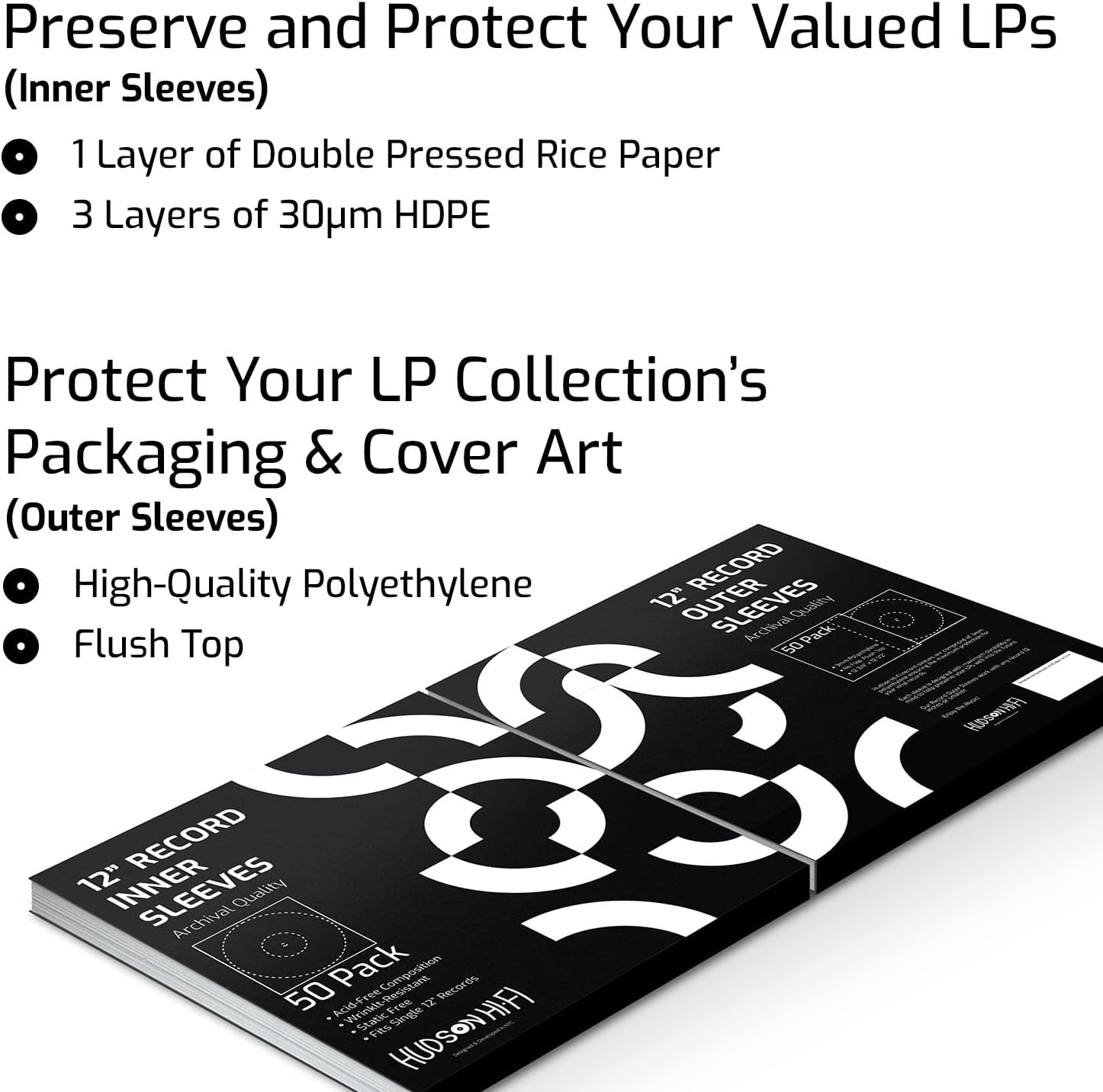 Hudson Hi-Fi 50x Inner & 50x Outer Protective Sleeves for Vinyl & Records Cover Art - Blocks Scratches, Static, Dust, Damage - Acid-Free, Smooth Slide - Fits Single Double Gatefold LP Sleeve