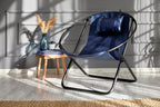 Leather Folding Chair - Luxury Papasan Chair, Sling Accent Chair, Round Saucer Chair for Patio, Garden, Beach, Living Rooms and Bedrooms, Modern Furniture (Faux Leather, Indigo)