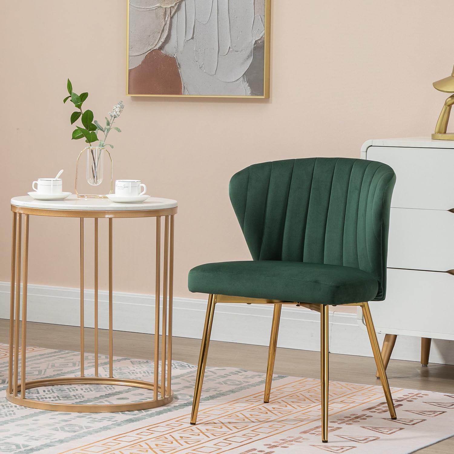 Velvet Dining Chairs Set of 2, Modern Upholstered Vanity Chairs with Golden Metal Legs for Dining Room Kitchen Vanity Patio (Green)