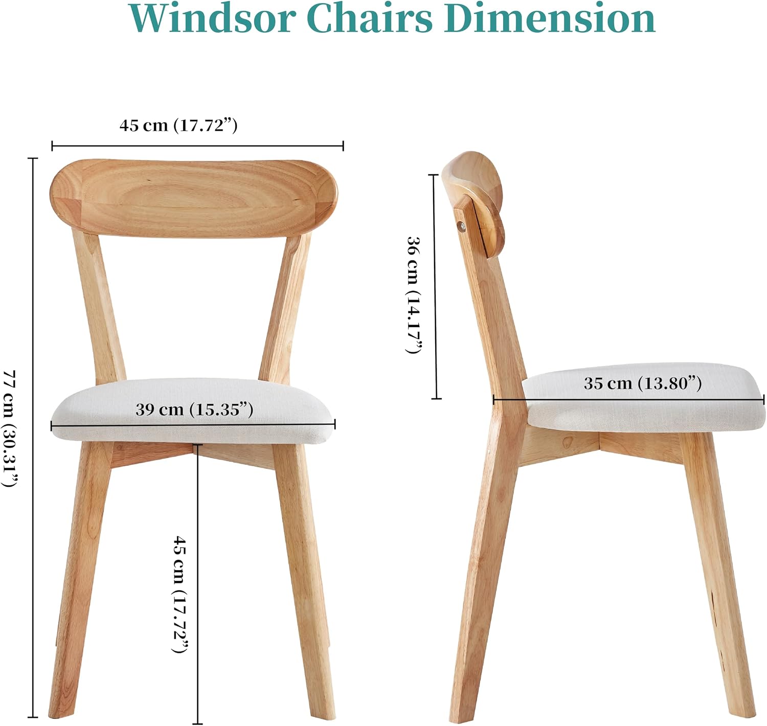 Wood Louis Dining Chairs Set of 4 100% Natural Solid Wood Home Kitchen Upholstered Chairs with Curved Backrest and Soft Padded Seat