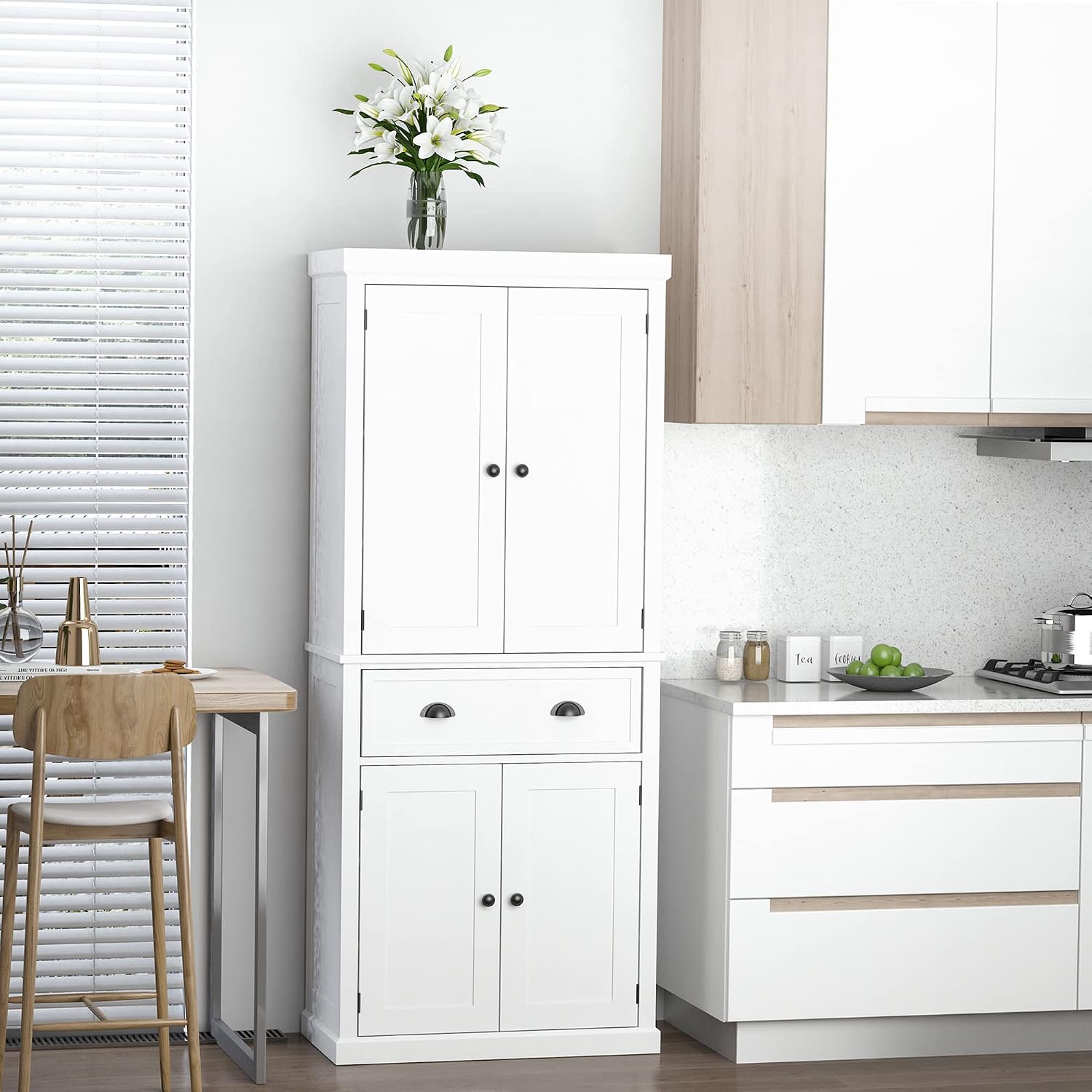 72" Freestanding Kitchen Pantry Cabinet, Tall Storage Cabinet with 2 Door Cupboards, Drawer and Adjustable Shelves, White,16 * 30 * 72.5