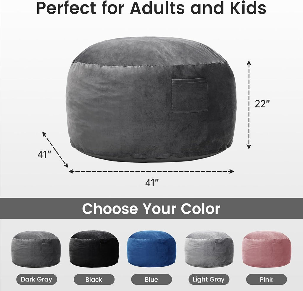 Kromax Bean Bag Chair with Filling Included, Large 4FT Comfy Bean Bag Chairs for Adults, Teens, Memory Foam, Machine Washable Thick Dutch Velvet Cover, for Living Room, Den, or Bedroom, Dark Grey