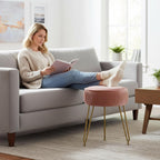 Vanity Chair,Velvet Ottoman Stool with Round Seat,Plush Cushioned Vanity Chair,Sturdy Gold Metal Legs for Bedroom and Dressing Table,Pink