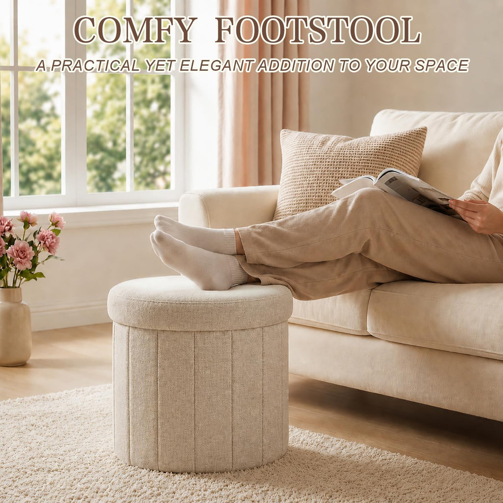 Abalter Round Storage Ottoman with Lid, Foldable Linen Storage Ottoman Bench with Large Storage Space, Collapsible Storage Stool Foot Rest Seat for Living Room Bedroom Entryway Closet(Beige)