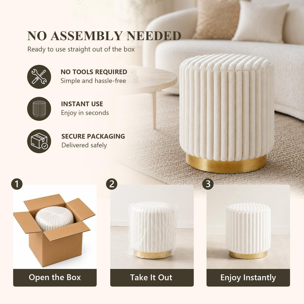 Round Ottoman Stool, Fur-Like Upholstered Small Ottoman Foot Rest with Gold Stainless Steel Plinth Base, Modern Vanity Stool for Living Room, Bedroom, Entryway, White