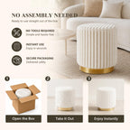 Round Ottoman Stool, Fur-Like Upholstered Small Ottoman Foot Rest with Gold Stainless Steel Plinth Base, Modern Vanity Stool for Living Room, Bedroom, Entryway, White