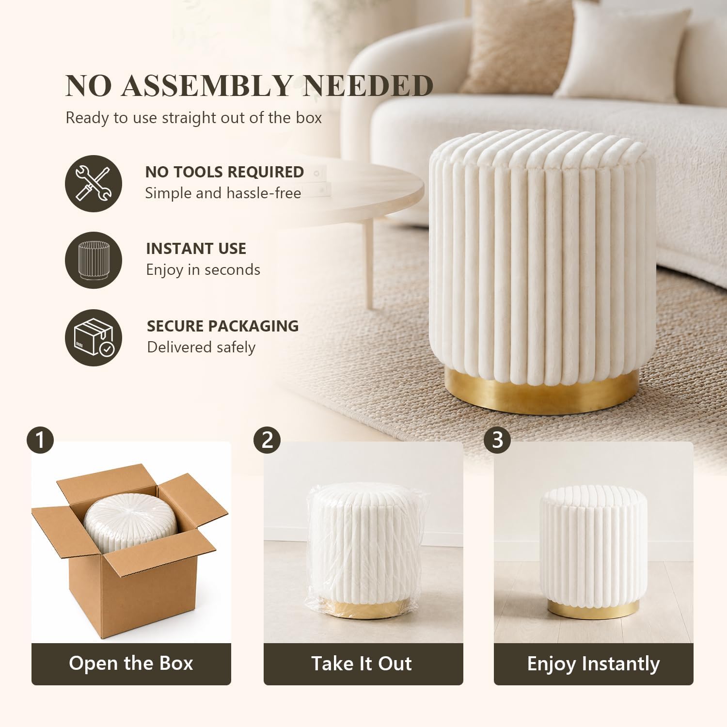 Round Ottoman Stool, Fur-Like Upholstered Small Ottoman Foot Rest with Gold Stainless Steel Plinth Base, Modern Vanity Stool for Living Room, Bedroom, Entryway, White