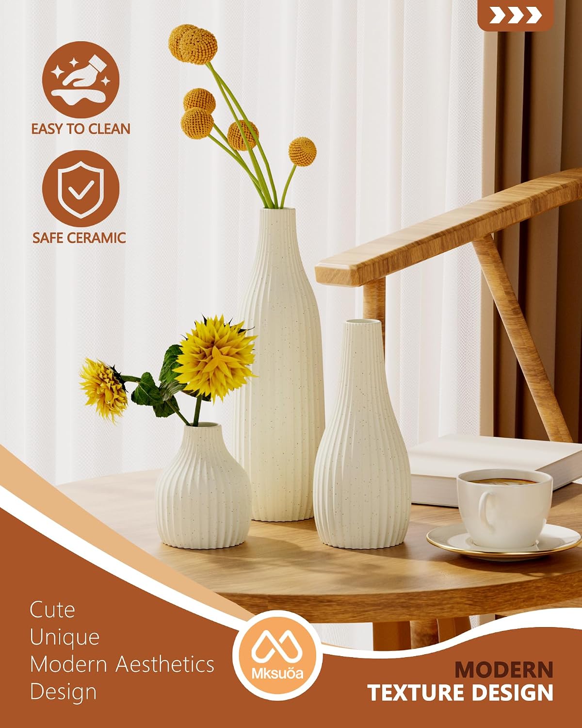 Decorative Flower Vase Set of 3 - Modern Boho Style Beige Vases, Ribbed Textures Ceramic Vase for Home Decor Shelf Bookshelf Mantle TV Stand Entryway Console, Dining Table Centerpiece Decor