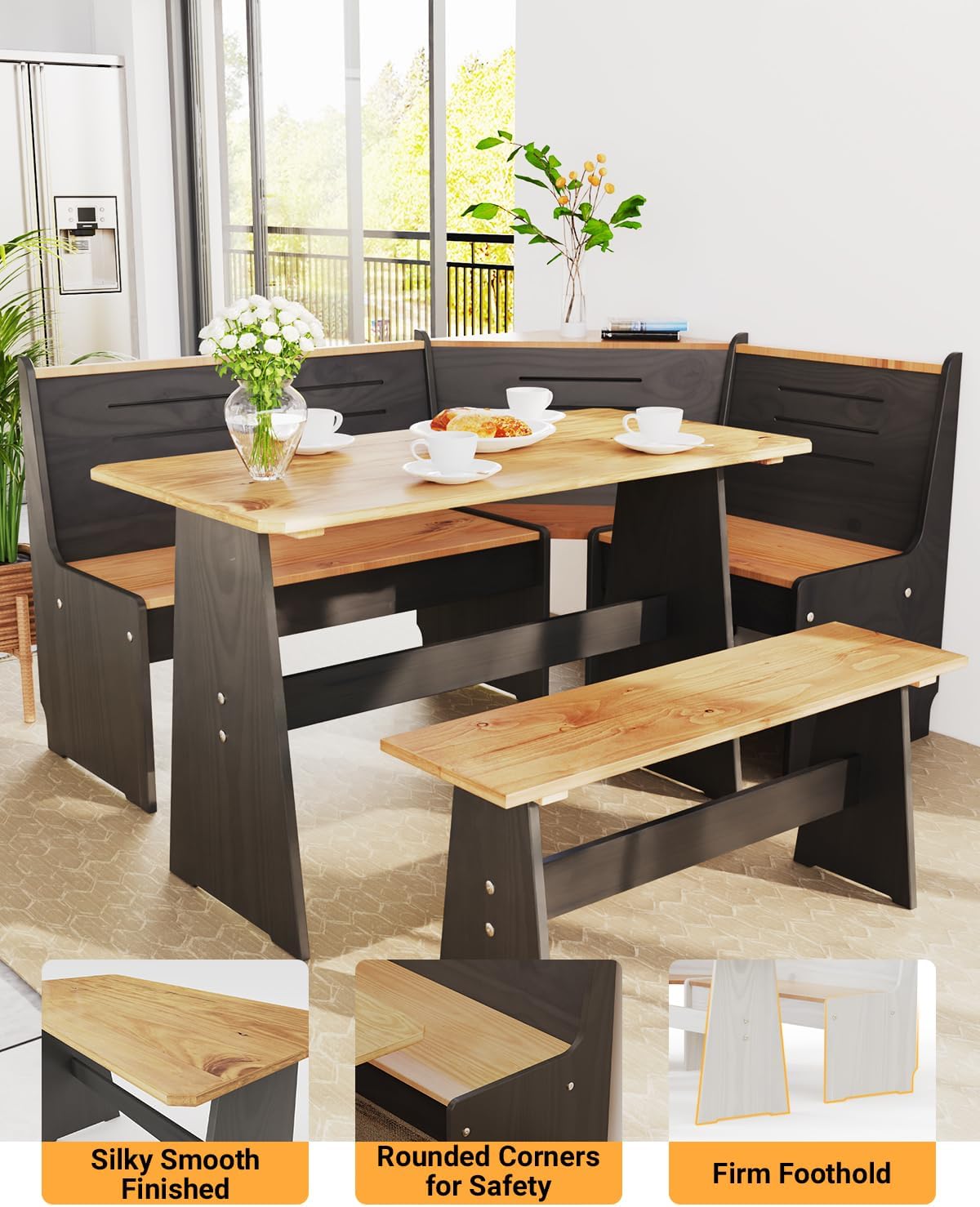 Breakfast Nook Table Set - Corner Kitchen Dining Table Set for 4-6 People, Modern Farmhouse Dining Room Solid Pine Wood with L-Shaped Bench Set for Family Morning Coffee & Brunch, Space-Saving, Black