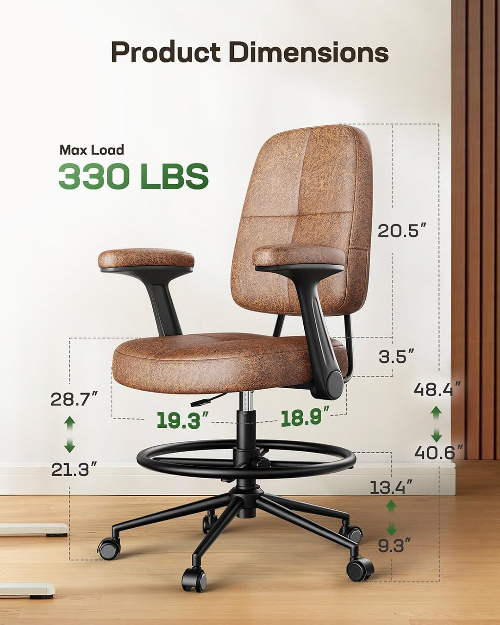 Marsail Ergonomic Drafting Chair for Standing Desk, 330lbs Heavy Duty Tall Office Chair with Adjustable Foot Ring & Flip-Up Arms, Comfort Brown Leather, 3.5" Thick Cushion